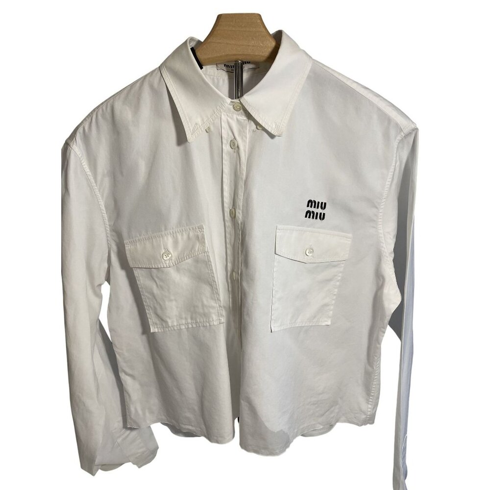 Miu Miu Womens White Button-Up Cropped Shirt With… - image 1